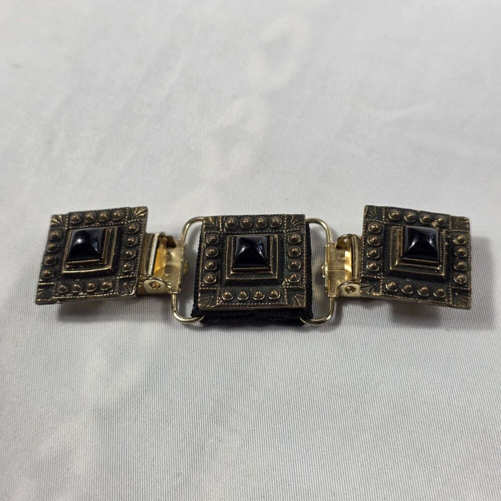 Vintage Gold Tone Sweater Clip Black Pyramid Cabochon Square Dress Cinch Guard